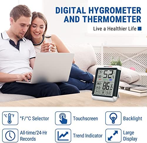ThermoPro TP55 Digital Indoor Hygrometer Thermometer, 4-Inch Temperature / Humidity Monitor with Touchscreen and Backlit, Indoor Room Thermometer / Humidity Meter for House Home Greenhouse
