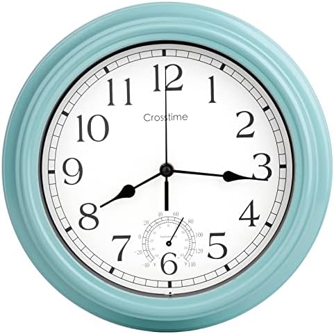 12 Inch Outdoor Clock Waterproof with Thermometer,Vintage Indoor Outdoor Wall Clocks for Patio,Pool,Garden,Home Decor-Teal
