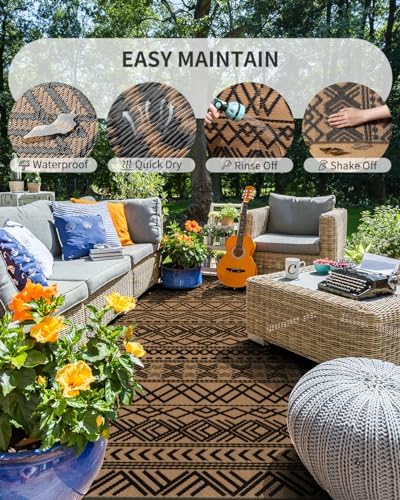 MontVoo-Outdoor Rug Carpet Waterproof 5x8 ft Reversible Patio Rug RV Camping Rug-Plastic Straw Rug Outside Indoor Outdoor Area Rug for Patio Deck Balcony Picnic Beach Outdoor Decor Boho Black Brown