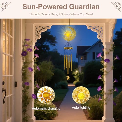 JYPS Sun Moon Solar Wind Chimes, 47-Inch Large Waterproof Windchimes for Outside with Glowing Crackle Glass Ball, Garden Patio Yard Decor Mother's Day Birthday Unique Gifts for Women Mom Grandma Wife