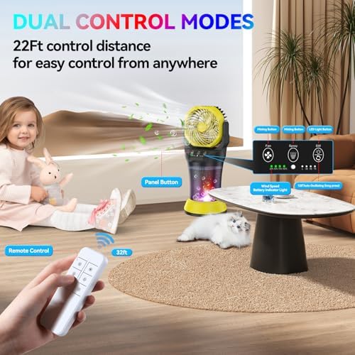 Wilody Misting Fan Portable Camping Fan 42800mAh Battery Powered with Remote Control, RGB Ambient Light with 2L Bucket, Battery Indicator, 120° Auto Oscillating, Timing Function, Grip Handle
