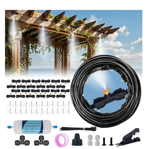 Misters for Outside Patio, 75FT Misting Cooling System with Water Filter & 24 Nozzles - Outdoor High Pressure Mister Kit for Patio, Garden, Backyard, Greenhouse - Cooling, Humidifying, DIY