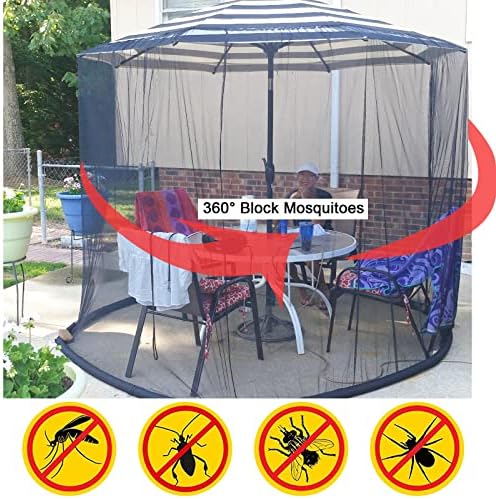 7.5-11 FT Patio Umbrella Mosquito Net, Polyester Mesh Umbrella Screen, Universal Canopy Umbrella Mosquito Netting with Zipper Door and Adjustable Rope, Fit Outdoor Umbrellas and Patio Tables