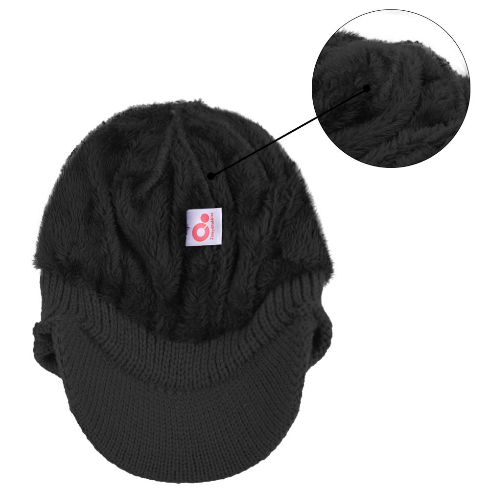 Women's Winter Cable Knitted Visor Beanie Fleece Lining Ear Flap Baseball Cap Hunting Trapper Hat with Billed (Black), One Size-Medium