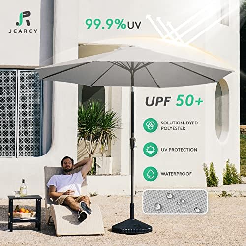 JEAREY 9FT Outdoor Patio Umbrella Outdoor Table Umbrella with Push Button Tilt and Crank, Market Umbrella 8 Sturdy Ribs UV Protection Waterproof for Garden, Deck, Backyard, Pool (Light Gray)