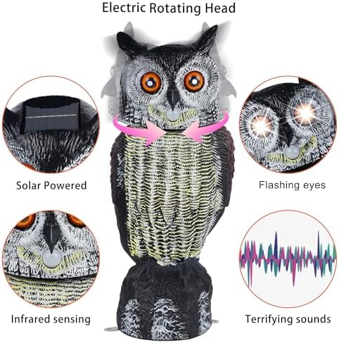 Hausse Solar Fake Owl Decoy Scare Birds Away, Solar Powered Motion Activated Scarecrow Deterrent Owl with Glowing Eyes, Scary Sound & Rotate Head, Nature Enemy Bird Repellent for Outdoor Garden Yard