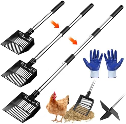 Metal Chicken Poop Scooper Heavy Duty Sifting Shovel Chicken Accessories Cleaning Tools Adjustable to 41.3" Long Handle Poop Shovel for Poultry Litter Scooper Supplies