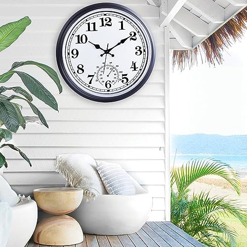 QWARVEL 16 Inch Large Outdoor Clock, Retro Waterproof Indoor/Outdoor Clock Non-Ticking Clock with Thermometer, Battery Operated Wall Clock for Patio, Garden, Pool - Black