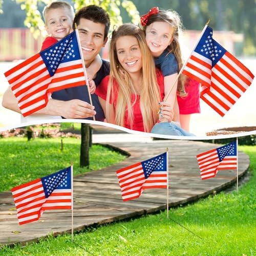 24 Pack 12x18 Inch Handheld American Flags on Stick - Patriotic American Flags for Outside, USA Stick Flag Perfect for Independence Day, Memorial Day, 4th of July Decorations (24)