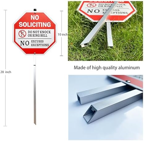 No Soliciting Sign for House and Yard - 10x10 Inch, 40 Mil Rustproof Aluminum, Weatherproof, Reflective, with 28-Inch Stake - Do Not Knock or Ring Doorbell Sign for Front Door and Property Protection