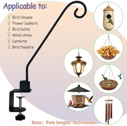 Heavy Duty Deck Hook,Courtyard Decoration,Pole 16.5”Long Metal Deck Railing Hooks for Hanging Bird Feeders,Planters,Suet Baskets,Lanterns,Wind Chimes,Clamp Mounted,Under 18 LBS