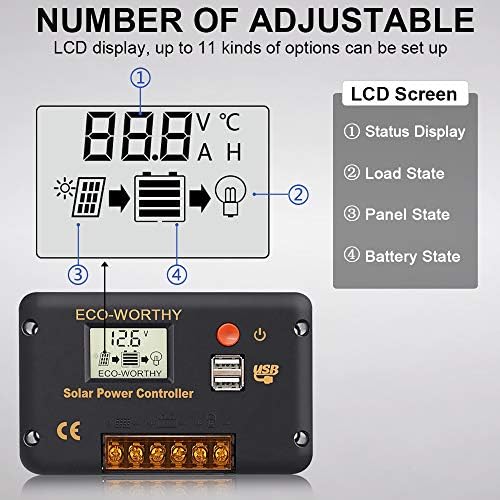 ECO-WORTHY 30A Solar Charger Controller Solar Panel Battery Intelligent Regulator with Dual USB Port Auto 12/24V PWM Positive Ground for Lithium,Lead-Acid,Gel Battery