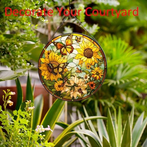 Sunflower Hanging Stained Glass for Windows,20cm/7.87inch Hand-Painted Sun Catcher Garden Hangings Christmas Mother's Day, Valentine's Day Ornaments Festival Gift