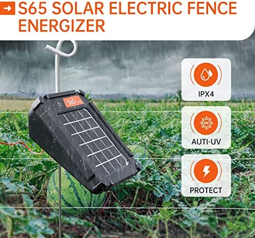 S65 0.065J Solar Electric Fence, 2 Miles Solar Fence Charger for Preventing Bears, Raccoons, Skunks Intruding, Solar Electric Fence Charger with Grounding Rod