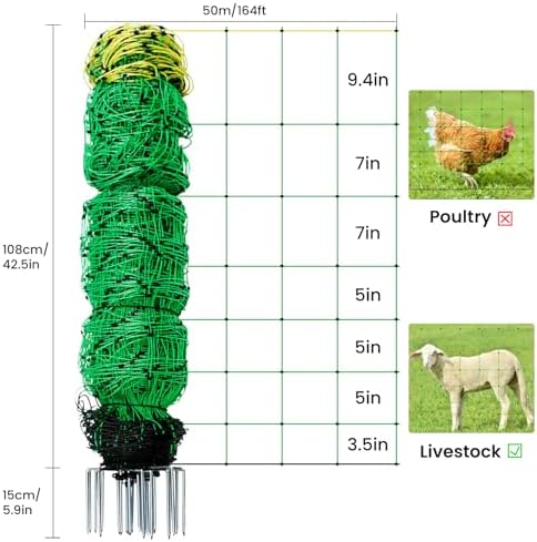 Electric Fence Netting, 164'L x 42.5" H Movable Livestock Nets for Sheep, Hogs, Cattle, PE Net Fencing Kit with 14 Posts Double Spiked, Electric Fencing for Backyards, Homesteaders, Farms Ranches