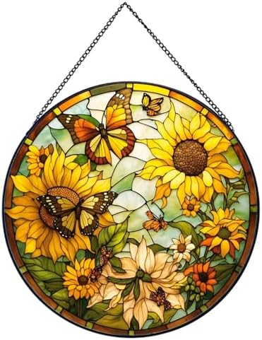 Sunflower Hanging Stained Glass for Windows,20cm/7.87inch Hand-Painted Sun Catcher Garden Hangings Christmas Mother's Day, Valentine's Day Ornaments Festival Gift