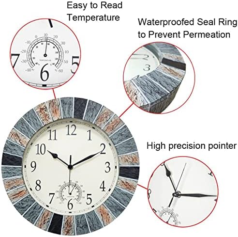 UMEXUS Outdoor Clock with Thermometer, 13 Inch Retro Large Waterproof Wall Clocks Indoor Silent Non-Ticking Battery Operated Weatherproof Decor for Garden Kitchen Bathroom Mother Gift