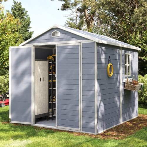Aoxun 6 x 8 FT Outdoor Storage Shed with Window, Resin Shed with Floor & Lockable Doors, Garden Shed Waterproof Plastic Tool Shed with Sloped Roof for Backyard, Garden, Patio, Lawn, Grey