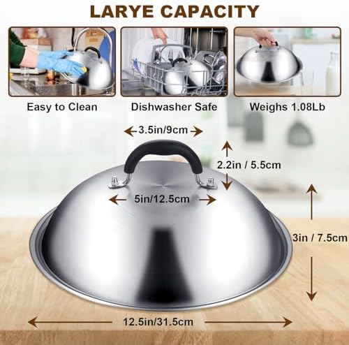 Griddle Accessories for Blackstone, Commercial Grade 12 Inch Heavy Duty Round Basting Cover, Stainless Steel Cheese Melting Dome and Steaming Cover, Best for Use in Flat Top Grill Cooking