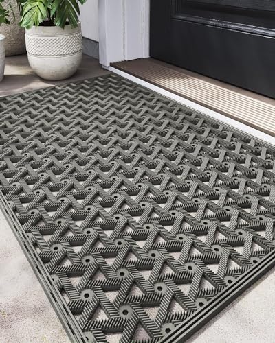 DEXI Front Door Mat Outside Entrance Rubber 24x36, Welcome Floor Doormat Heavy Duty Non Slip, Dirt Trapper Waterproof Exterior Entry Mats All Weather for Patio Entryway Drainage, Grey