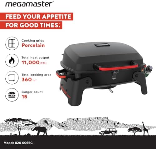 820-0065C 1 Burner Portable Gas Grill for Camping, Outdoor Cooking , Outdoor Kitchen, Patio, Garden, Barbecue with Two Foldable legs, Red + Black