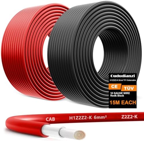 Oududianzi 2x50 Feet Solar Panel Wire, 10AWG Solar Wire H1Z2Z2-K Tinned Copper Solar Extension Cable for Photovoltaic Solar System, Automotive RVs, Boats (50FT Red + 50FT Black)