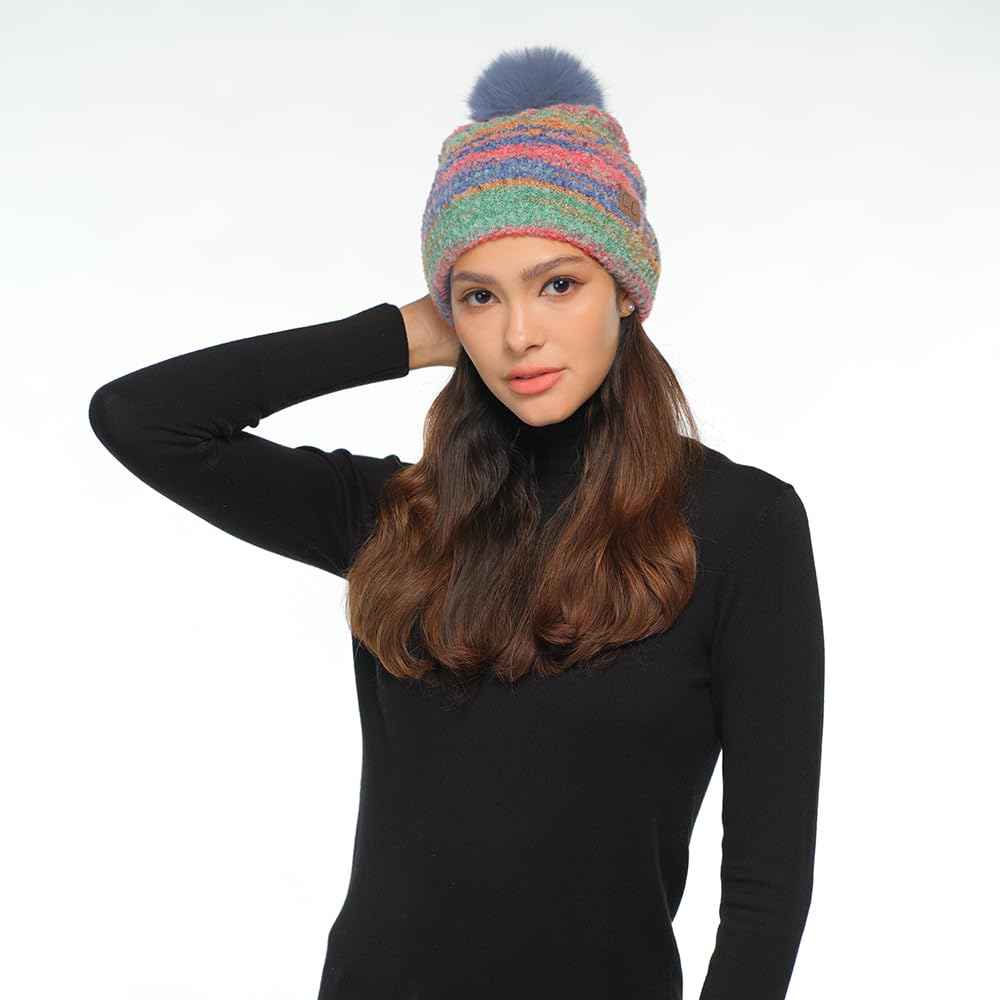 C.C Multi Color Space Dye Pom Beanie/Lining (Poly) / Pom Faux Fur for Women Unisex - Wool Stretchable Soft Warm with Faux Fur Pom Knit Winter Skully Hat (Red Combo)
