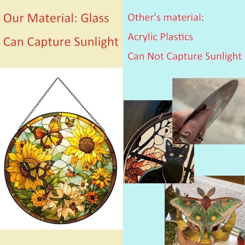 Sunflower Hanging Stained Glass for Windows,20cm/7.87inch Hand-Painted Sun Catcher Garden Hangings Christmas Mother's Day, Valentine's Day Ornaments Festival Gift