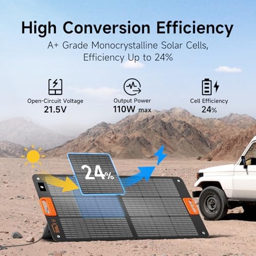 110W Portable Solar Panel for Jackery/EF/Bluetti/Anker/Goal Zero Power Station, IP68 Waterproof, 24% Efficiency, MC4 Output, ETFE Foldable Solar Charger with Adjustable Kickstand for Camping Outdoor