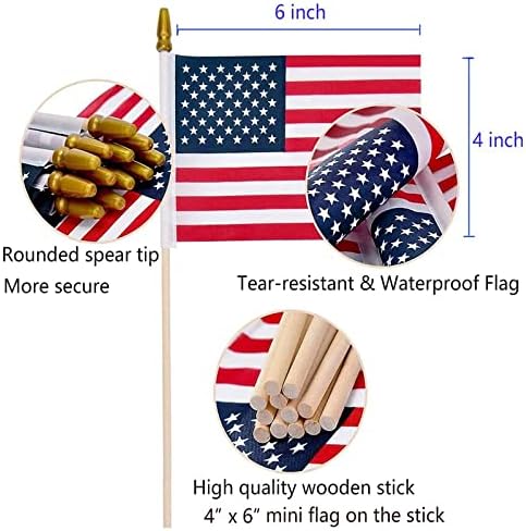 100 Pack Small American Flags on Stick, 4x6 Inch Small US Flags/American Flags for Outside, Mini Hand Held Stick with Kid-Safe Spear Top,Fourth Of July Flags,Independence Day,Patriotic Holiday Yard Patio Decor,4th of July Decorations