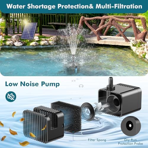 POPOSOAP Solar Pond Filter Built-in 3000mAh Battery Backup, 8W Solar Pond Filter with Water Pump, Pond Filter with Water Shortage Protection & Clear Tubing for Ponds Fish Tank Bird Bath Garden