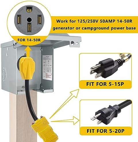 50 Amp to 20 Amp 110V RV Distribution Adapter, NEMA 14-50P to 4 X 5-20R/15R RV Generator Adapter, 4-Prong to Mutiple Household Outlet w/ 20amp Circuit Breaker, 1.5FT