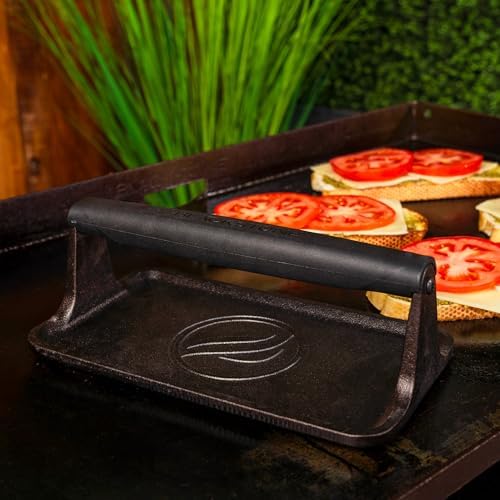 Blackstone 5553 Pre-Seasoned Cast Iron Griddle Press Medium Heavy Duty-Meat, Burger, Bacon, Steak, Panini, Sandwich, Sausage Heat Resistant Rubber Handle-10” x 5.5” (Rectangle), Black
