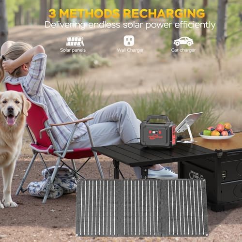 POWSTREAM Solar Powered Generator 167Wh Portable Power Station with Solar Panel 30W Included, 100W Power Bank with AC Outlet QC3.0 for Camping Boat Trip Hunting Outdoor Adventures Emergency Backup
