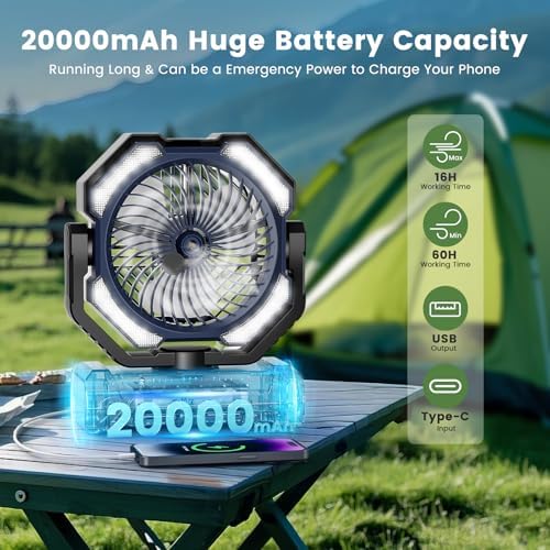 Misting Fan Portable, 20000mAh Rechargeable Battery Powered Camping Fan with Light, Personal USB Battery Operated with Hook & 250mL Water Tank for Outdoor, Tents, Beach, Travel.