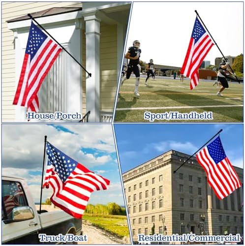 Black Flag Pole Kit for House, 5 FT Thickened Stainless Steel Outside Wall Mount Flagpole for 3x5' Flag, 1" Tangle Free Rotating Flag Pole Rings & 2-Position Bracket Holder for Porch