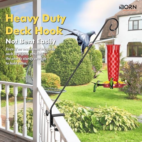 iBorn Deck Hook for Bird Feeder, Hummingbird Feeder Hanger for Deck Railing, Heavy Duty Deck Hanger for Outdoors Hanging, 360° Rotatable Arm, Solid Wire, 28 Inch, Pack of 1