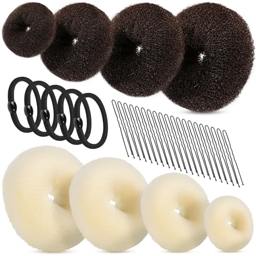 FANDAMEI Hair Donut Bun Makers Set - 4 Dark Brown & 4 Beige (2 Extra-Large, 2 Large, 2 Medium, 2 Small), 5 Elastic Bands, 20 Hair Pins