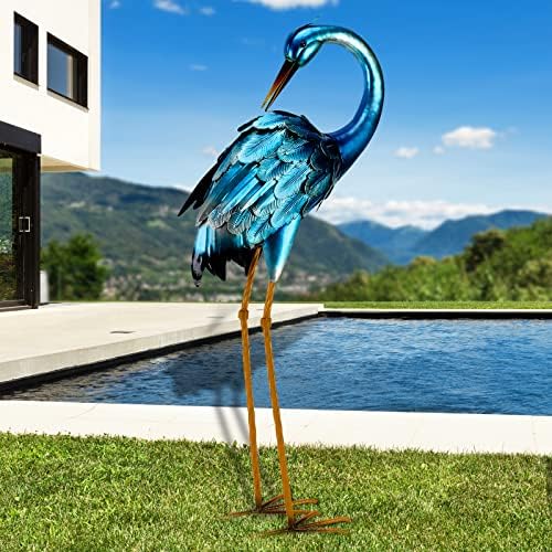 chisheen Crane Garden Statues, Metal Garden Crane Outdoor, Blue Heron Sculpture Metal Yard Art, Large Heron Decoy, Bird Statues, Lawn Ornaments for Backyard Pond Patio Porch Outside Decorations
