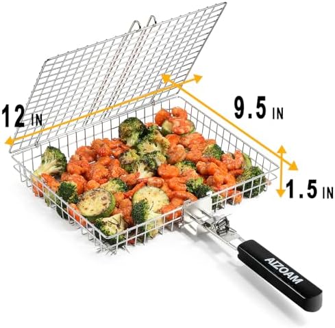 Grill Basket - Grill Baskets for Outdoor Grill, Stainless Steel Large Grilling Basket w Removable Handle, Portable Fish Grilling Rack for Grill Ideal Meat Fish Vegetables Grilling Accessories