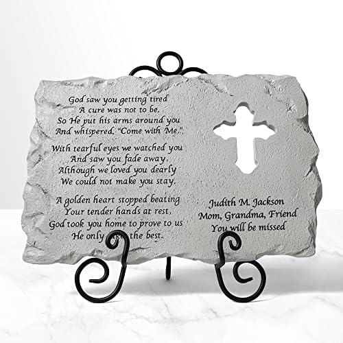 Let's Make Memories Personalized Cross Memorial Stone - Sympathy Condolences - Grave Marker - Durable Indoor/Outdoor Resin Garden Stone - Laser Engraved Verse + Custom Message - Cross Cutout