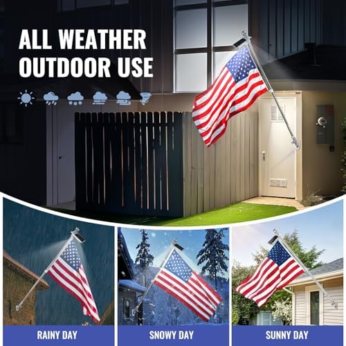 Flag Pole Kit with Solar Light and American Flag, 5 Ft Aluminum Silver No Tangle Spinning Pole, 2-Position Bracket, Easy Install-Outdoor, Commercial Use, 8 Hour Dusk to Dawn Auto On/Off