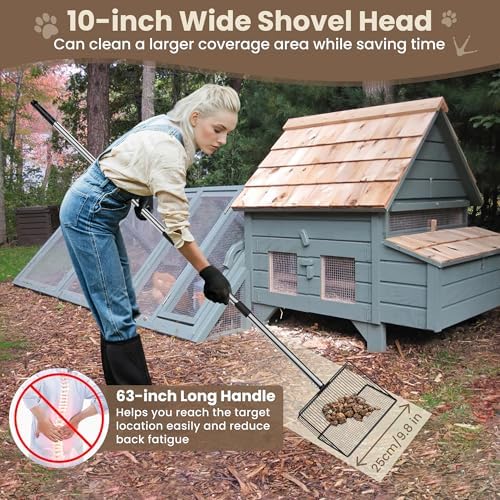 10inch Chicken Poop Scooper, 37 to 63 inch Long Chicken Coop Rake, Heavy Duty Stainless Steel Chicken Coop Scoop for Sand Sifter Shovel, Chicken Coop Cleaning Tools Accessories
