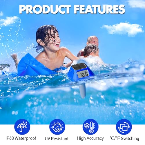 2025 Next-Gen Solar Pool Thermometer Floating Easy Read, Digital Pool Thermometer with Extra-Large Backlit LCD Screen & Rope, IP68 Waterproof Pools Water Temperature Gauge for Hot Tub, Spa