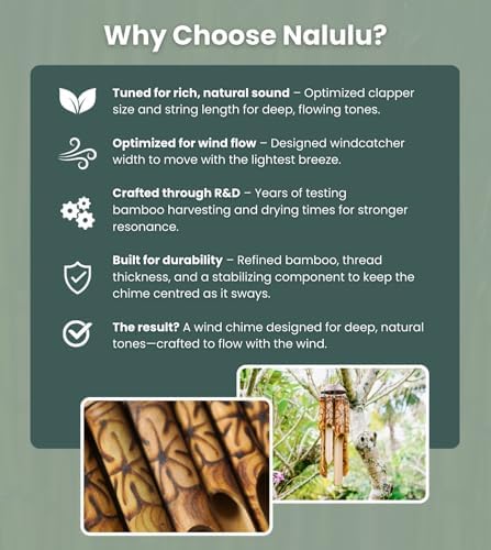 Rustic Bamboo Wind Chimes - Outside Outdoor Wooden Windchimes, Small, Floral Burned Design with Coconut Crown, Handcrafted with Calming Deep Tones, Home Decor Ideal Gift for Him & Her