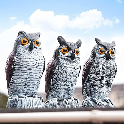 Ezoon 3 Pack Owl Decoy to Scare Birds Away, Fake Owl Scarecrows, Pigeon Deterrent, Plastic Owl Statue for Outdoor Garden Yard