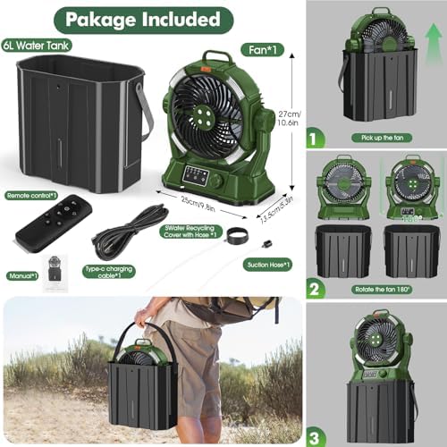 Misting Fan with Portable 6L Bucket for Outdoor Patios, 20000mAh Rechargeable Mister Fan for Camping with LED Light, 4 Spray Mister, Remote Controller Green