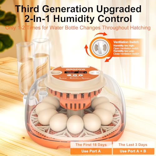 12 Egg Incubator, Automatic Turning with Temperature & Humidity Control, Egg Candler, 360 View with Air Vent, Auto Water Bottle Refill, Chicken Incubator for Hatching Eggs