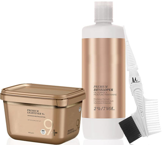 Blonde Me Lightener 9+ Premium Bleach 450 grams, BlondeMe Developer 2% / 7 Vol 1 Liter and M Hair Designs Tint Brush Comb (Bundle)