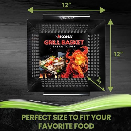 Kona Extra Large Grill Basket for Veggies - Premium Nonstick Grilling Basket/Grill Net - Essential Grilling Accessories For Outdoor Grill & BBQ, 14x13x4 Inches